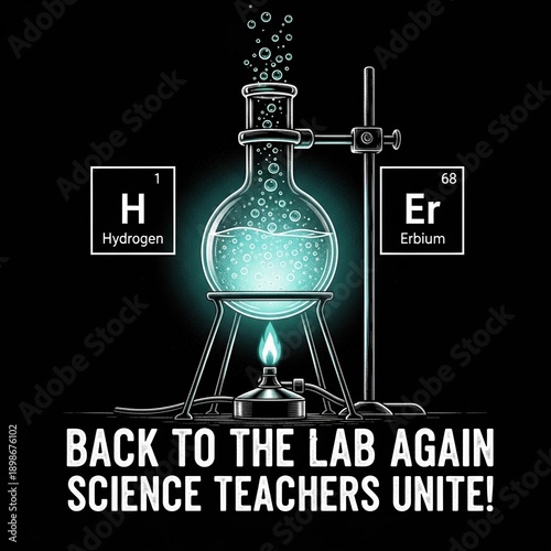 Glowing chemistry lab beaker with hydrogen and erbium elements, science teacher unite text