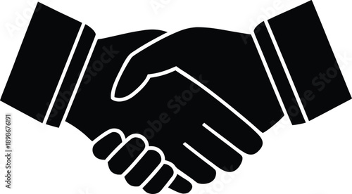 A black and white illustration depicting two hands clasped together in a handshake
