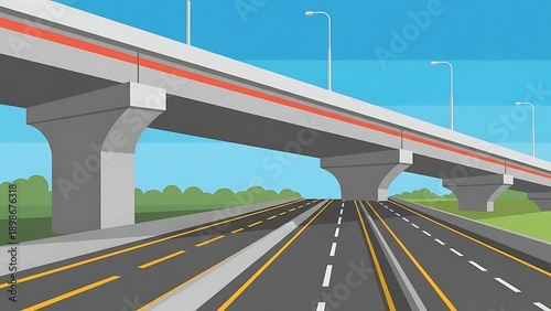 Modern highway with elevated road and streetlights