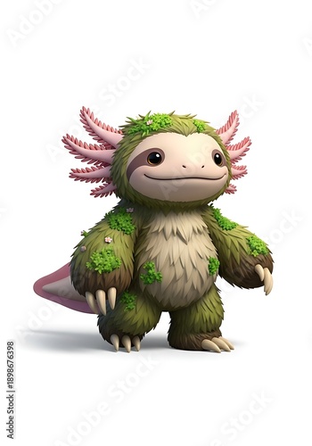 Cute fantasy axolotl monster character isolated white background