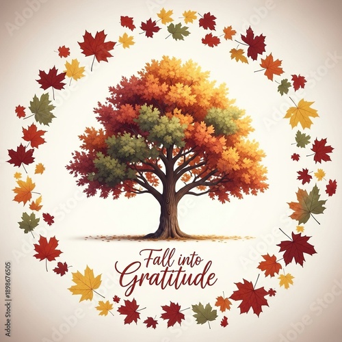 Fall tree with colorful leaves and gratitude text in a circular leaf border flat design