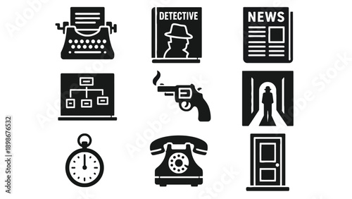 A collection of black and white detective icons on a white background