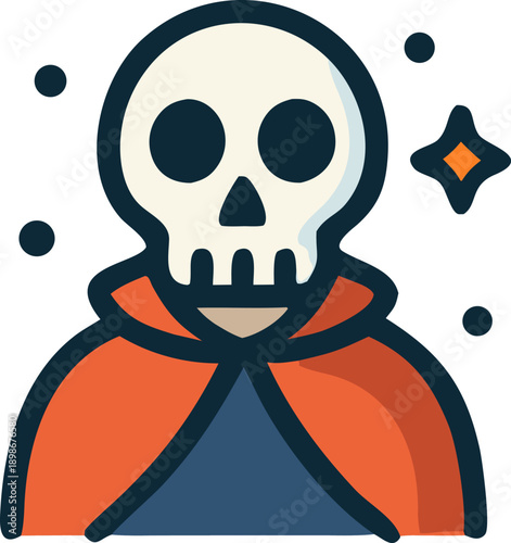 Dark and mysterious skeleton in a cape with glowing lights suitable for halloween or spookythemed designs and content.