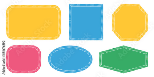 Doodle colorful embroidery patches set, showcasing hand-drawn geometric frames with stitched accents for DIY, textile, and creative artwork projects.