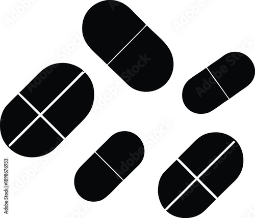 Black and white illustration depicting five capsule shaped pills with dividing lines high quality