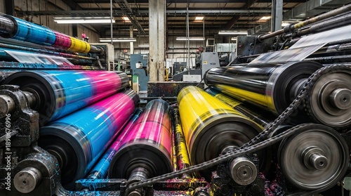 Colorful printing rollers in a modern printing press factory  