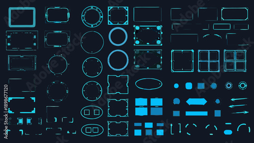 Collection of glowing blue geometric shapes and interface elements