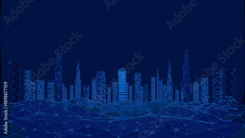 Futuristic cityscape silhouette against a dark blue abstract network background