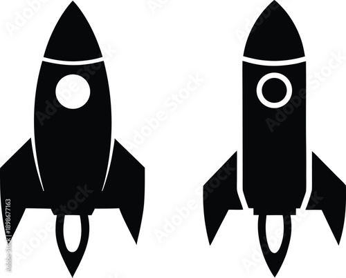 Two minimalist black rocket ship icons are displayed against a plain white background