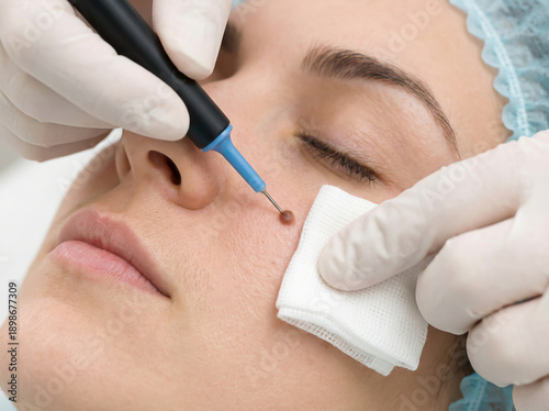 Dermatologist removing facial mole from young woman cheek using electrocautery pen during cosmetic skin procedure in clinic