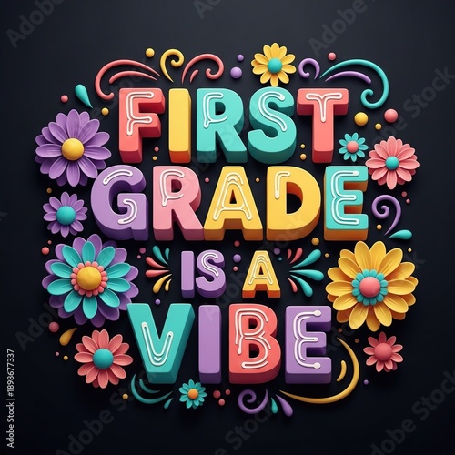 Colorful 3D render text saying First Grade Is A Vibe surrounded by flowers