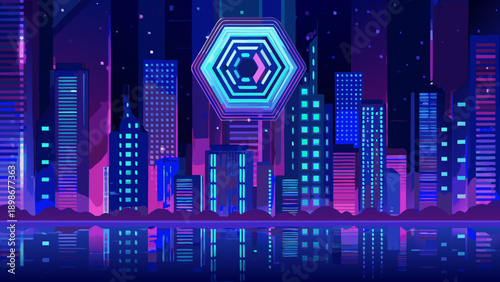 Neon cityscape featuring a glowing hexagonal structure above buildings