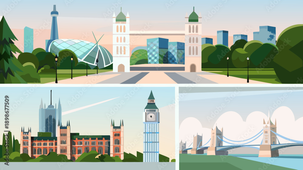 Obraz premium Toronto and London cityscapes illustrated in a colorful flat vector style