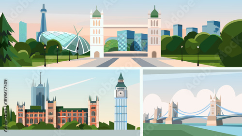 Toronto and London cityscapes illustrated in a colorful flat vector style