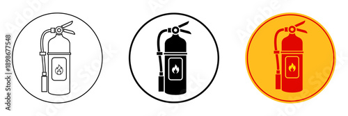 Fire extinguisher safety icon set. Industrial fire protection symbol in line, solid silhouette and coloured style. Emergency Safety  symbols for signage, UI, safety instructions, and warning design