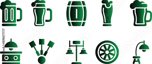 Collection of green icons including beer mugs barrel engine wheel lamp blender on white background
