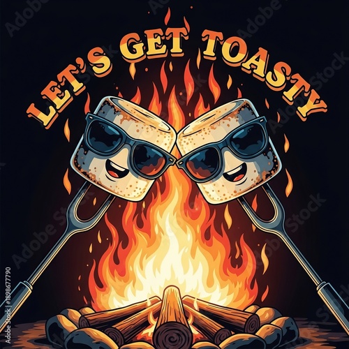 Smiling marshmallows on skewers over campfire with sunglasses, Let's get toasty