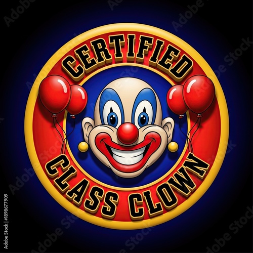 Certified class clown logo with cartoon clown face and red balloons