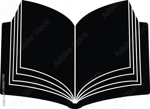 A black silhouette of an open book with visible pages representing knowledge