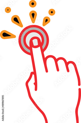 A hand pressing a button with orange sparks