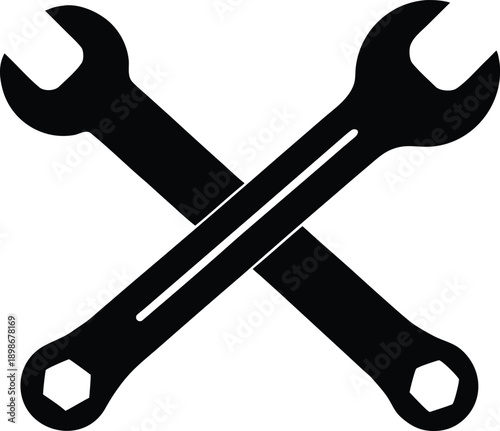 Two black wrenches are crossed forming an x shape on a plain white background