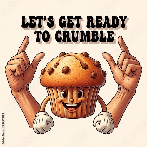 Smiling muffin cartoon character with hands making rock on gesture and text let's get ready to crumble
