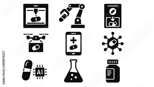 A collection of black and white icons representing medical and technological concepts