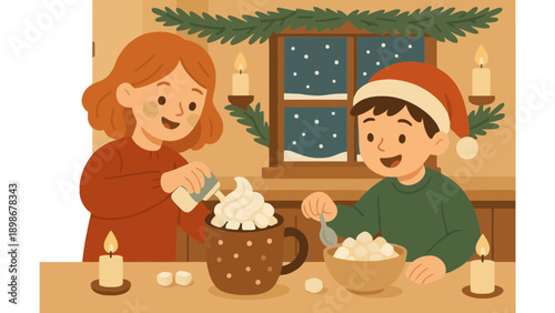 Two children enjoying hot chocolate on a snowy winter night