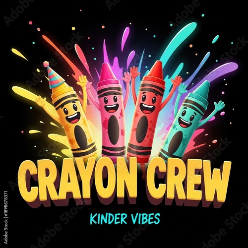 Colorful crayon characters celebrating with paint splatters