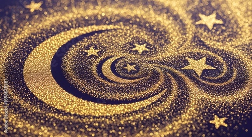 Illustration of crescent moon and star symbols formed by sparkling golden glitter dust on surface.