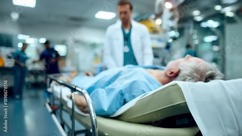 Medical staff attending to a recovering patient in an ambulatory surgery bay patient in crisp focus while the clinical surroundings remain softly blurred.