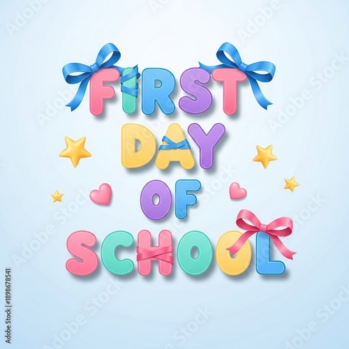 Colorful 3D first day of school text with bows and stars flat design