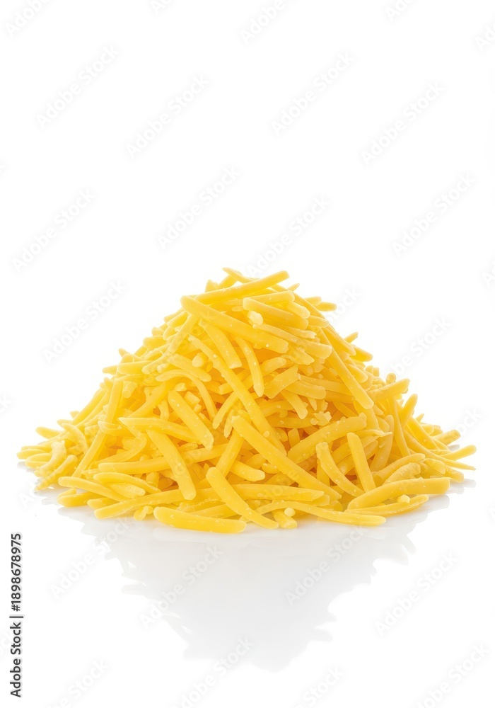 Fototapeta premium A fluffy mountain of vibrant yellow shredded cheese, ready for culinary use, dramatically isolated on a clean, bright white background, topping, dairy, flavor