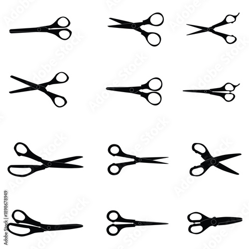 Assortment of black scissor silhouettes for craft barber sewing office Various open closed designs Cutting tools