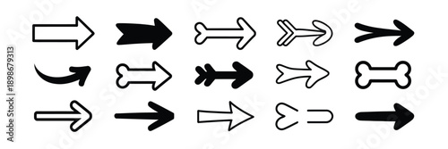Group of fifteen assorted hand-drawn arrow symbols, showcasing versatile outline and solid fill icons suitable for navigation, design, and decorative graphics.
