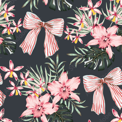 Tropical pink orchid flowers, monstera, palm leaves, striped bows, black background. Vector seamless pattern. Jungle foliage illustration. Exotic plants. Summer beach floral design. Paradise nature