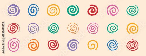 colorful spirals hand drawn swirl circle doodle hand drawn set. funny cute rainbow spirals.