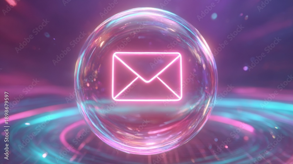 Fototapeta premium Colorful digital bubble with a glowing envelope symbol representing communication in a futuristic setting