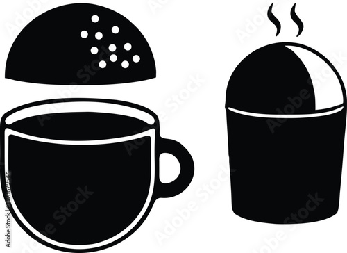 A simple black and white illustration of coffee and a half eaten sandwich high quality professional