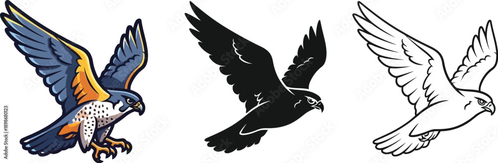 Obraz premium Three distinct style variations of a flying falcon bird are displayed isolated against a white background for graphic design use.