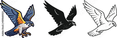 Three distinct style variations of a flying falcon bird are displayed isolated against a white background for graphic design use.
