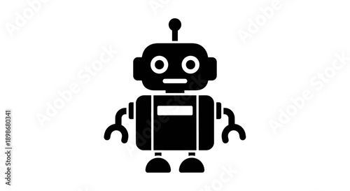 A minimalist black and white illustration of a friendly humanoid robot figure.
