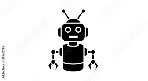 A stylized black and white robot with a cylindrical body and movable limbs