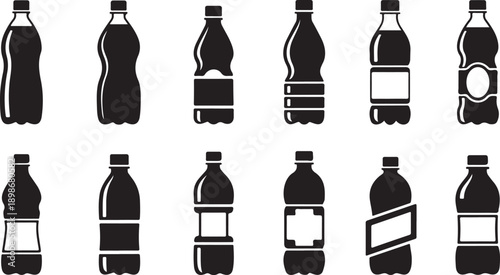 Drink Bottle Silhouette Icon Set – Plastic Beverage Packaging.