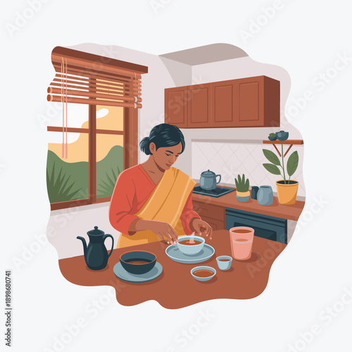 Woman Preparing Tea in Cozy Home Kitchen Morning Routine Vector Illustration