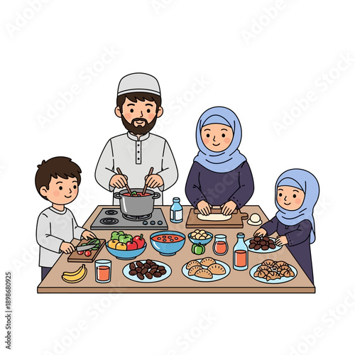 Muslim Family Cooking Together Preparing Food for Iftar Meal