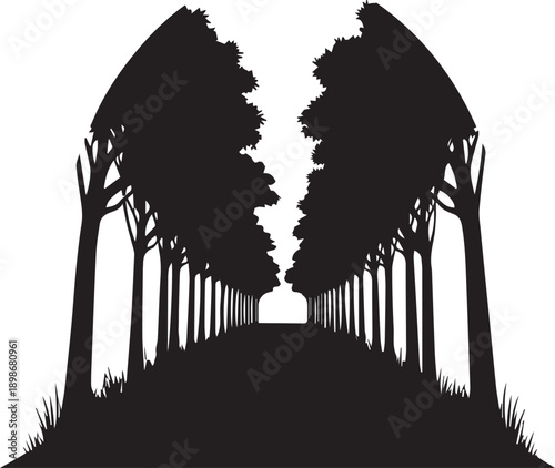 Forest avenue alley path road tunnel perspective vector silhouette illustration line art nature landscape design