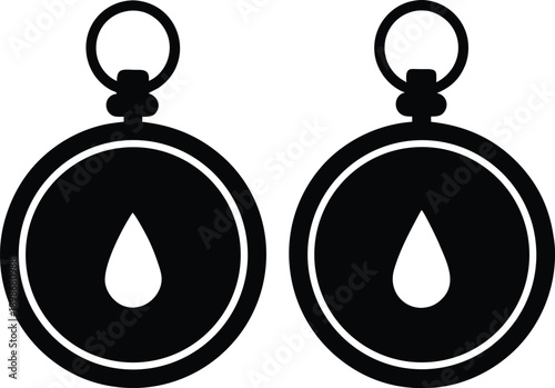 Two black silhouette pocket watches with droplet details side by side high quality