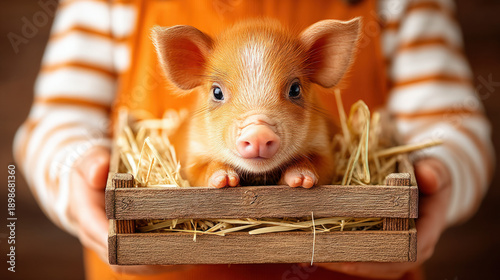 Man holding a piglet on a farm