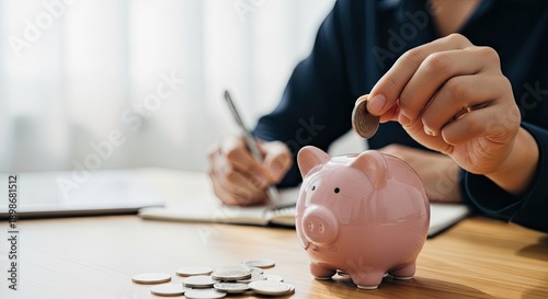 Person saving money in a piggy bank, representing financial planning and investment.